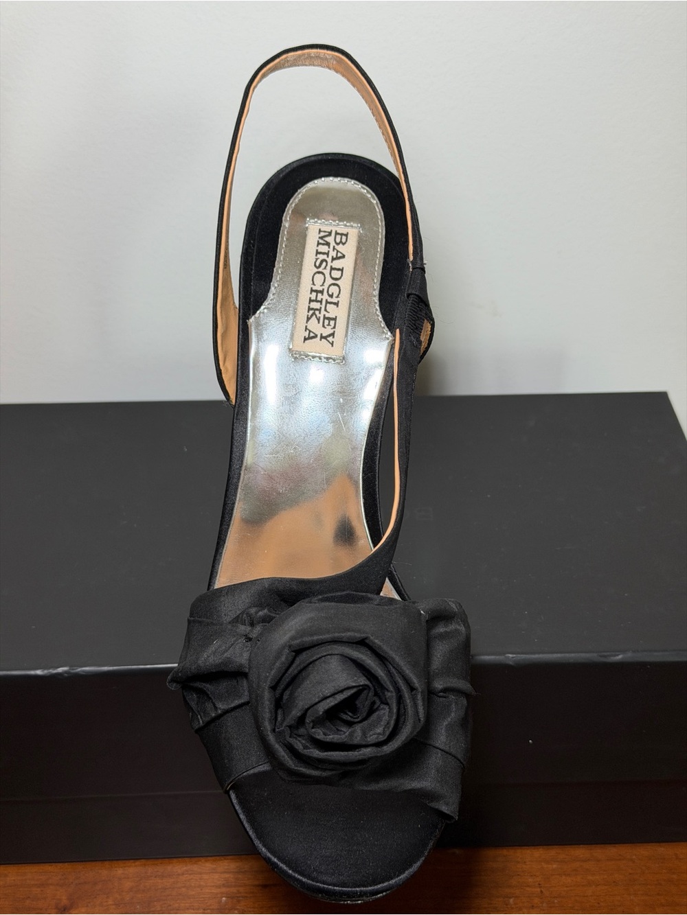 Badgley Mischka Black Satin Slingback Peep Toe with Rosette Accent